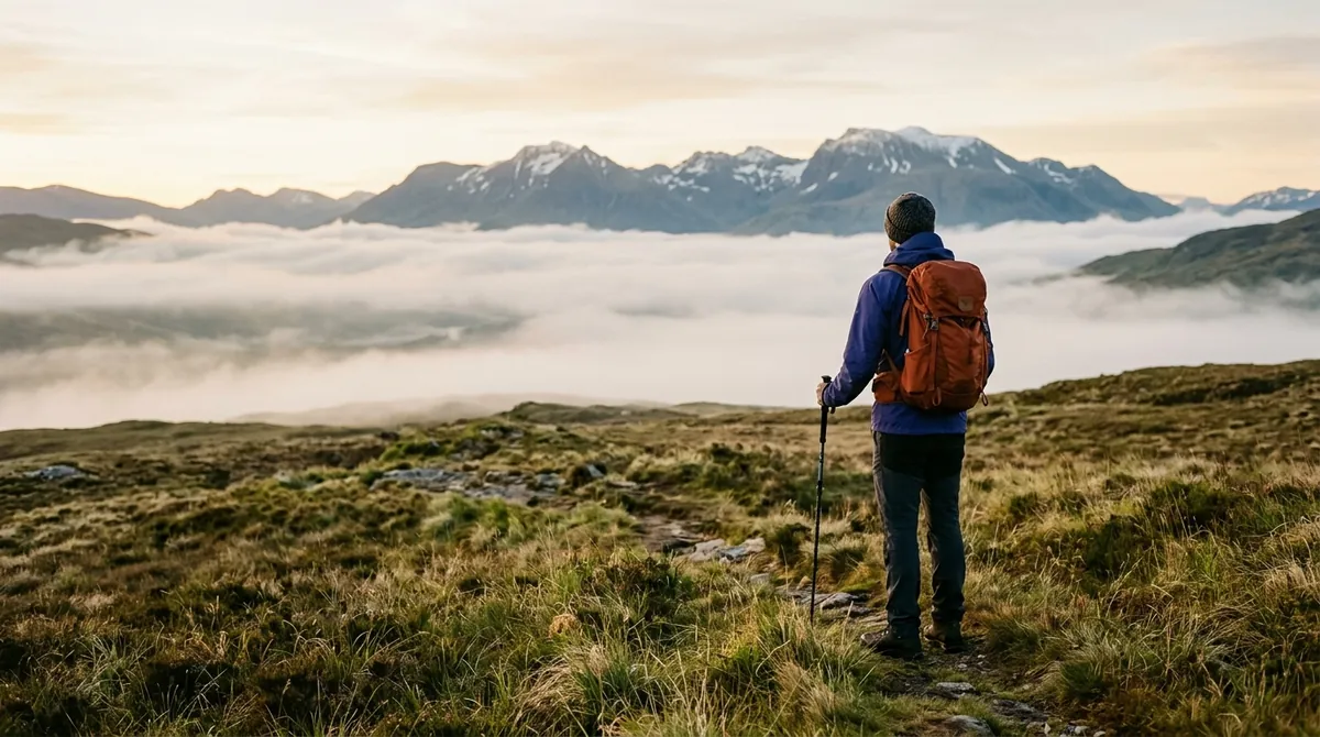 A hiker on a grassy high plateau looking towards distant peaks above the morning mist
