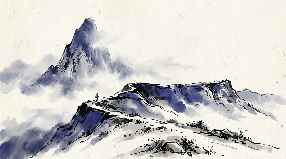 Ink-wash painting of a small walker on a long flat ridge with a steep peak still ahead