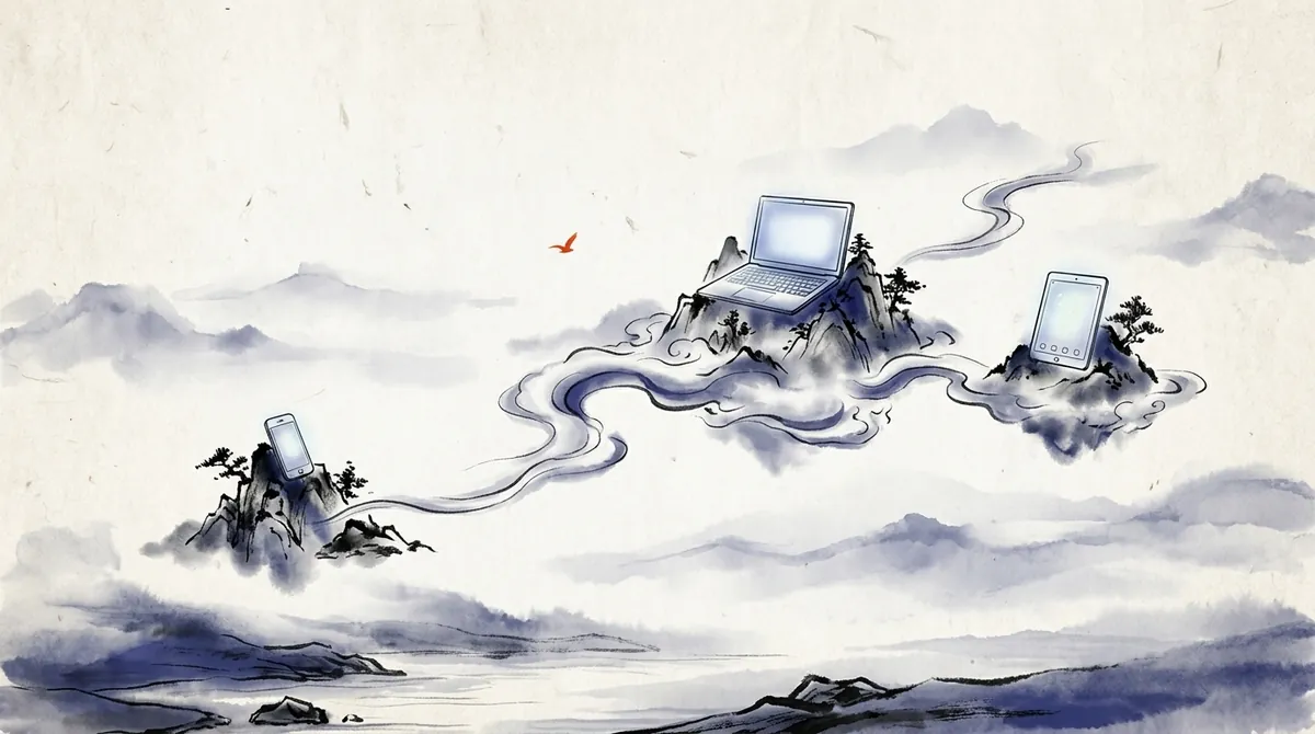Ink-wash illustration of a laptop, tablet and phone on floating mountain islands, linked by ribbons of cloud