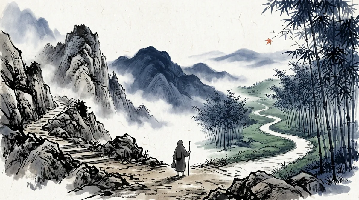 Ink-wash illustration of a traveller where a mountain path forks, one way steep and rocky, the other winding through bamboo