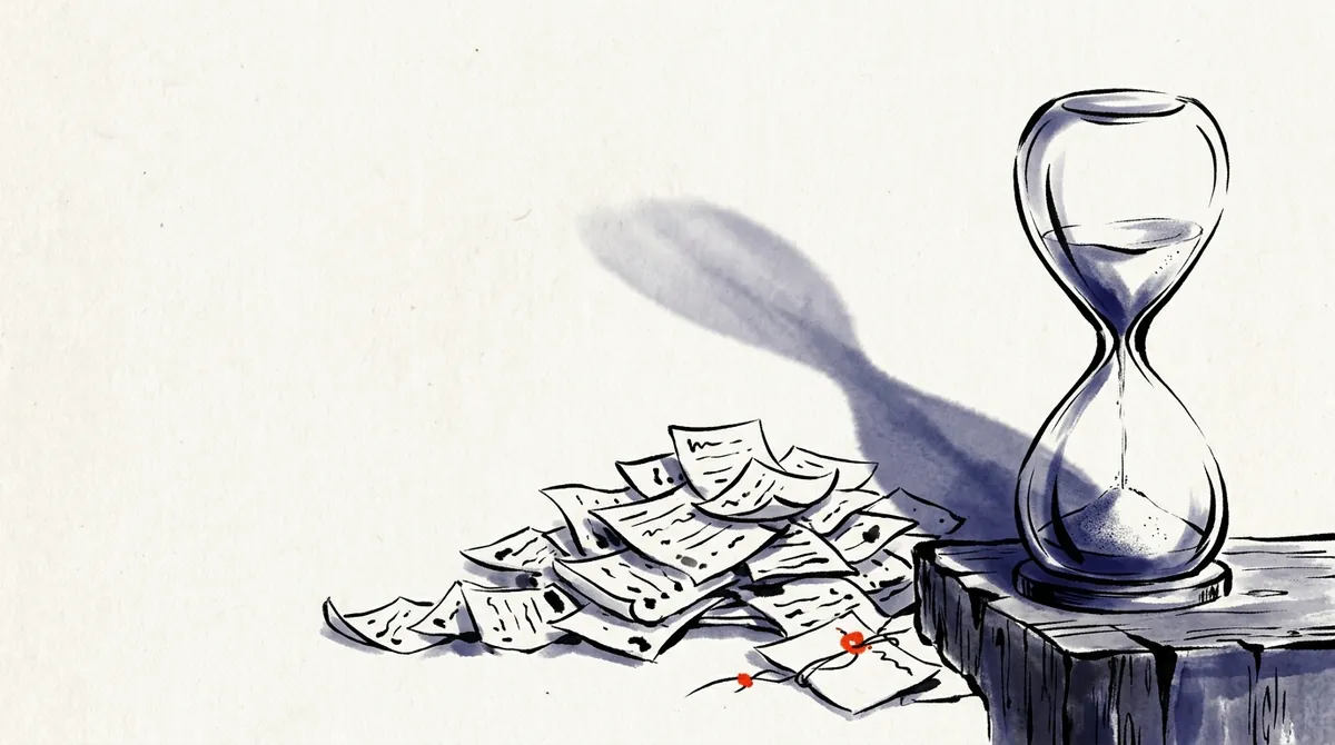 Ink-wash illustration of an hourglass beside a pile of paper flashcards