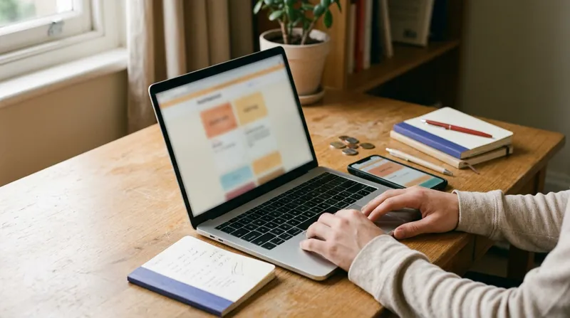 A learner reviewing flashcards on a laptop, with a phone, notebooks and a few coins on the desk