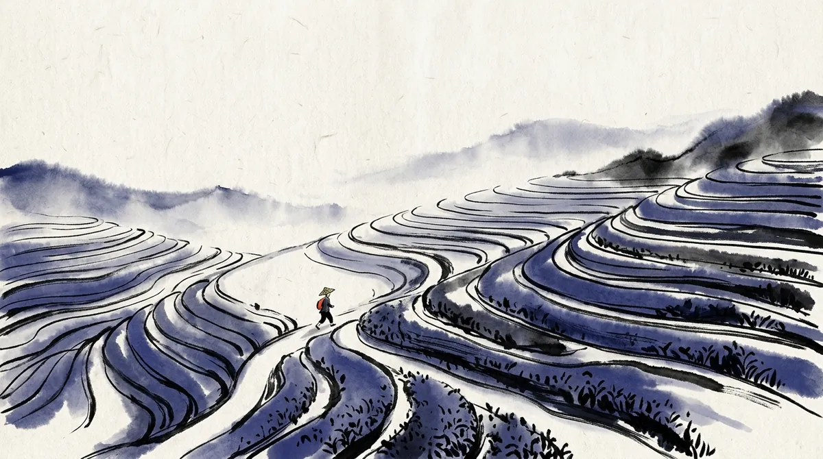 Ink-wash painting of a gentle path winding through hillside terraces