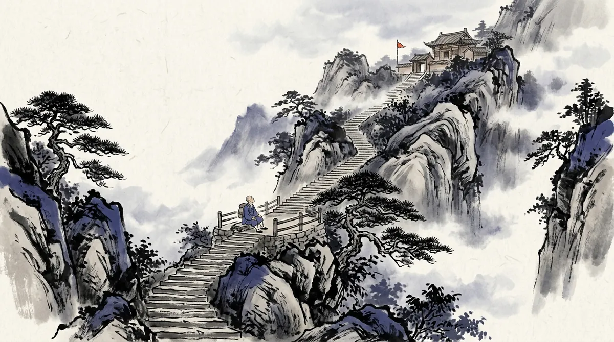 Ink-wash painting of a long stone stairway up a steep mountain to a temple