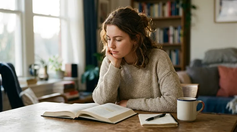 A learner resting her chin on her hand, reading a textbook thoughtfully at a desk