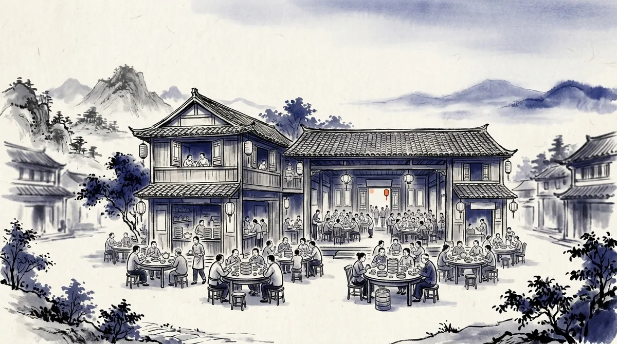 Ink-wash illustration of a busy old Cantonese teahouse with round tables and bamboo steamers
