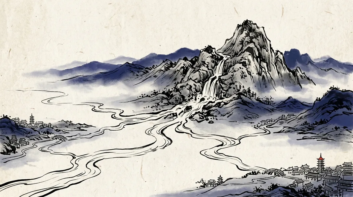Ink-wash painting of a mountain spring dividing into many rivers that flow towards different towns