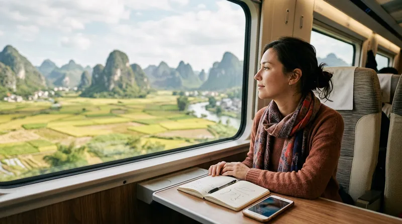 A traveller on a train looking out at karst hills and rice fields in southern China