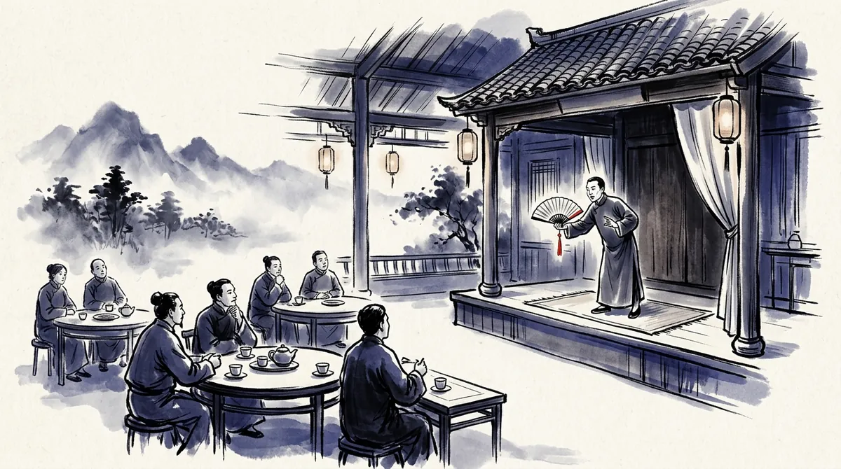 Ink-wash painting of a storyteller with a folding fan performing to an audience in a teahouse