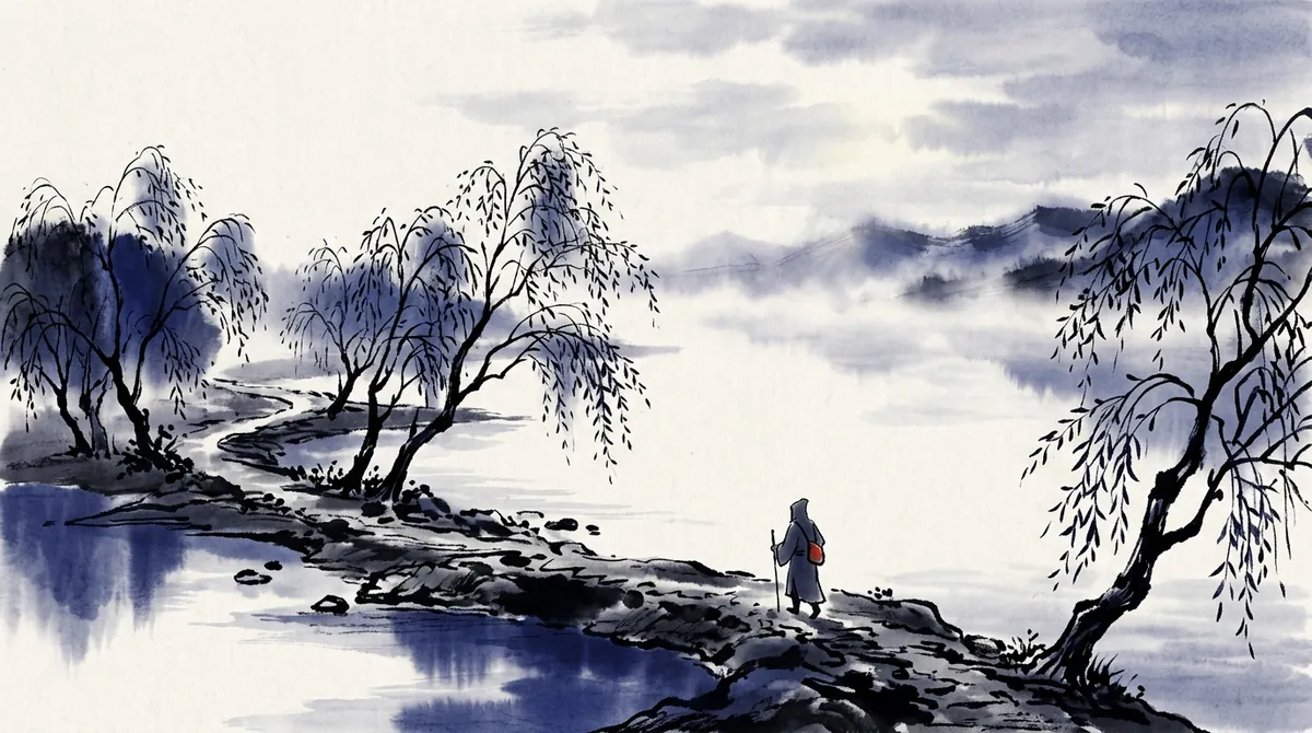 Ink-wash painting of a lone walker on a willow-lined river path at dawn