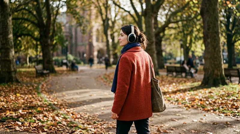 A person walking along a tree-lined path in autumn wearing over-ear headphones