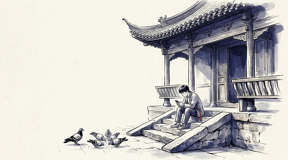 Ink-wash painting of a young man looking at his phone on the steps of a traditional building