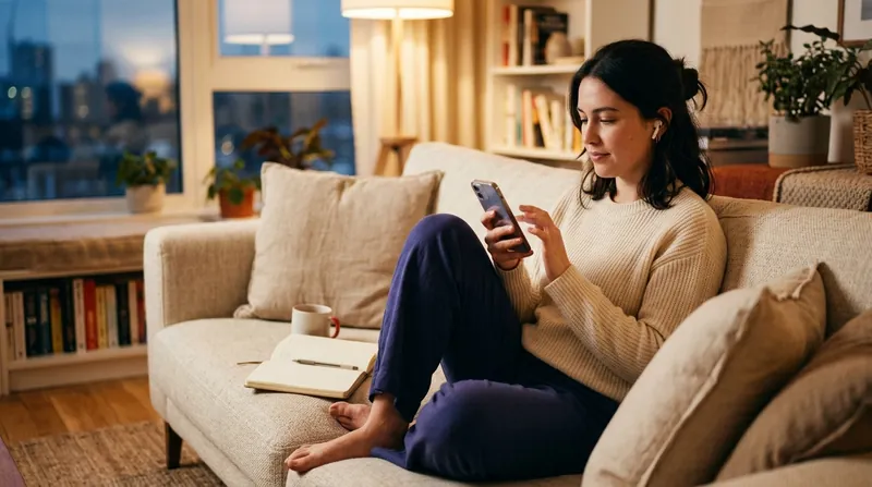A young woman on a sofa scrolling short videos on her phone, earbuds in, with a notebook beside her