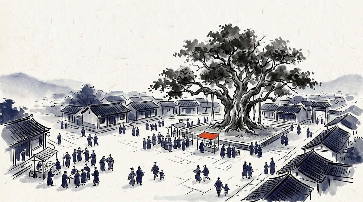 Ink-wash painting of people gathered in groups in a town square around a large old tree