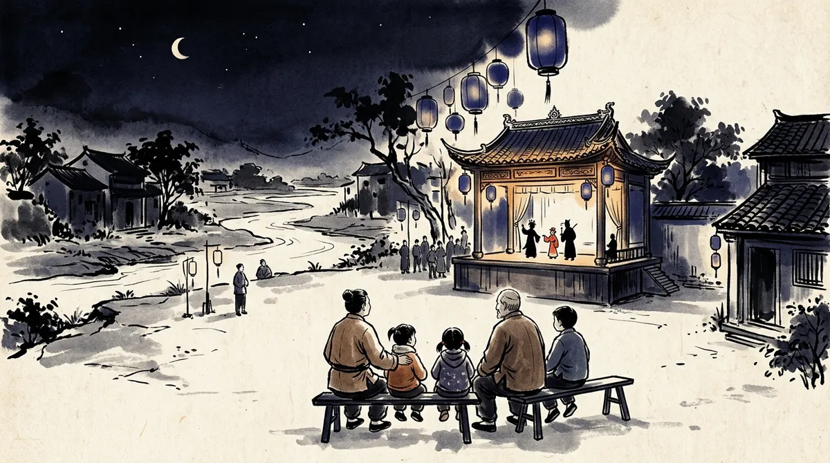 Ink-wash painting of a family on a bench watching a lantern-lit opera stage at night