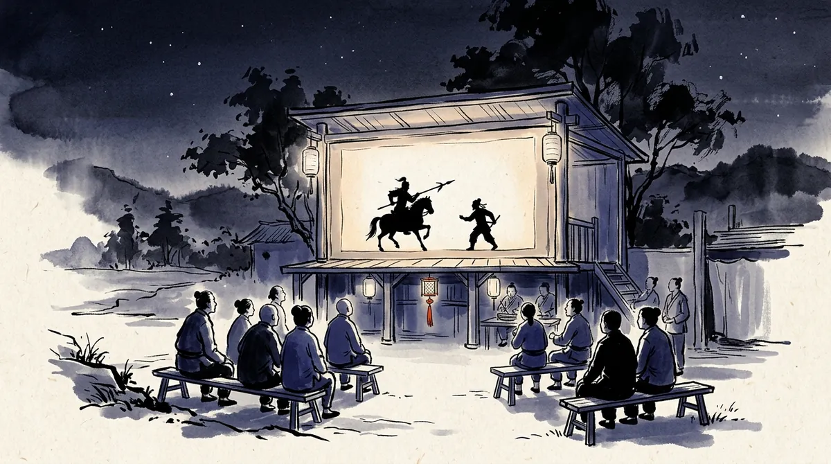 Ink-wash painting of a village audience watching a shadow puppet show of a rider on horseback