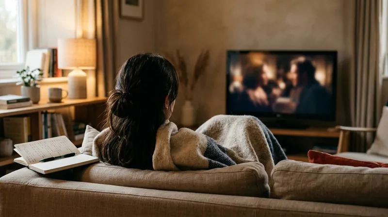 A person on a sofa under a blanket watching a drama on television, with a notebook beside them