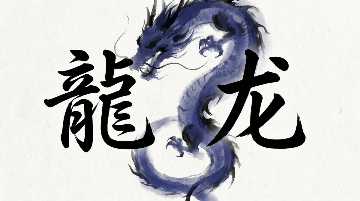 The traditional character 龍 and simplified 龙 (lóng, dragon) side by side, with an ink-wash dragon behind them