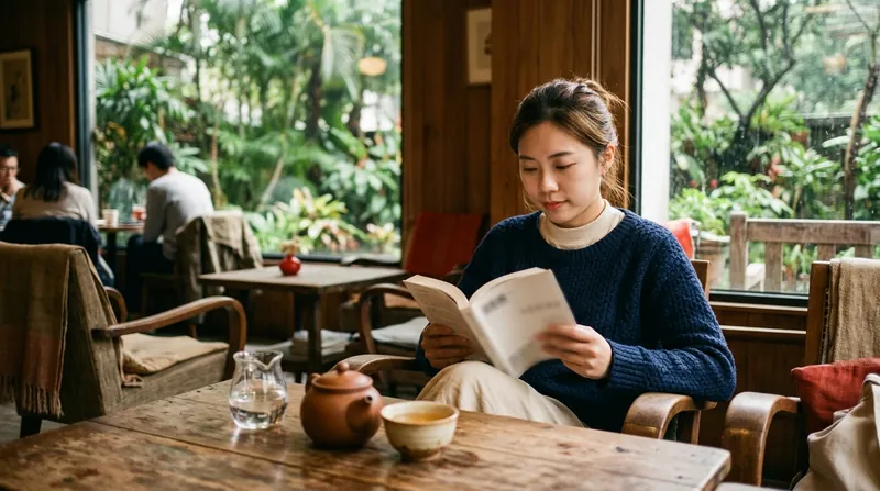 A woman reading a book with a pot of oolong tea in a café full of plants