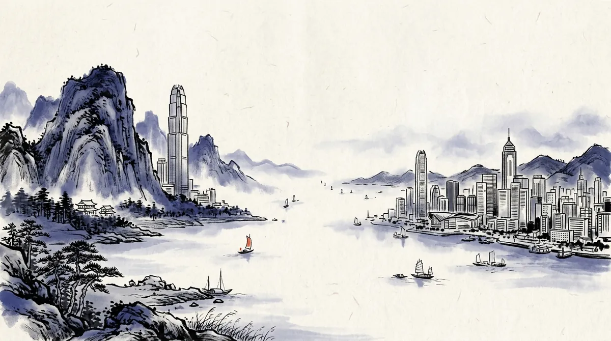 Ink-wash painting of two city skylines facing each other across misty water