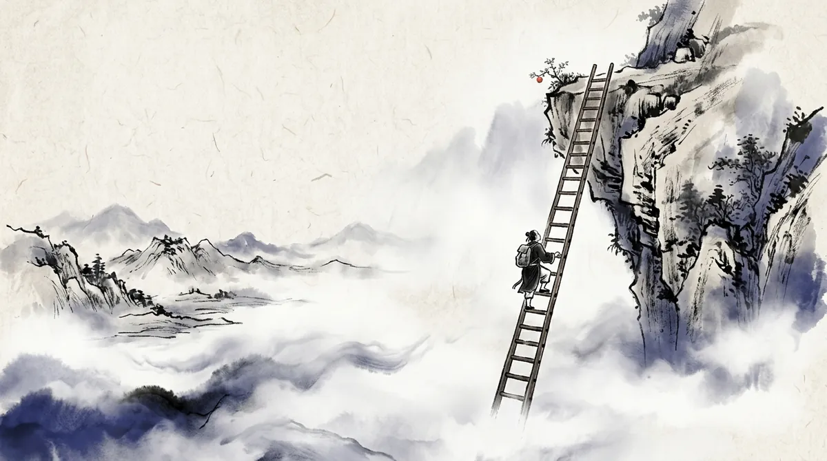 Ink-wash painting of a climber on a ladder with evenly spaced rungs against a misty cliff