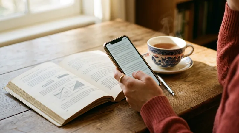 A hand holding a phone with a short sentence lesson beside an open graded reader and a cup of tea