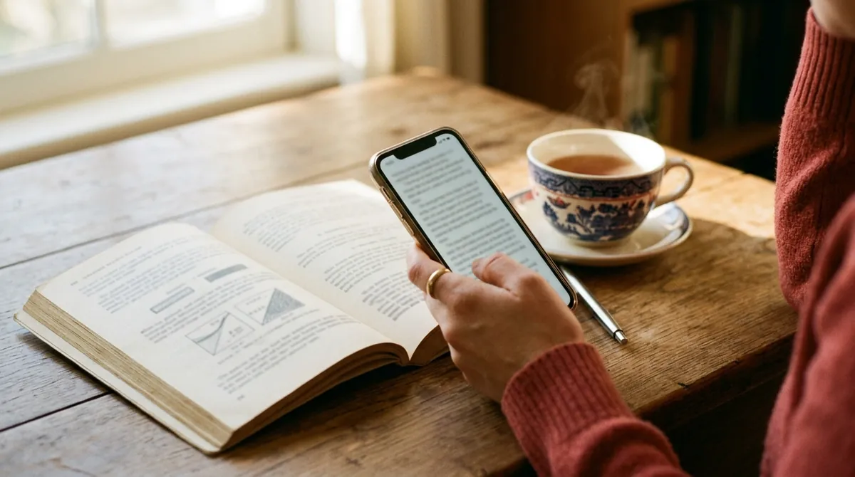 A hand holding a phone with a short sentence lesson beside an open graded reader and a cup of tea