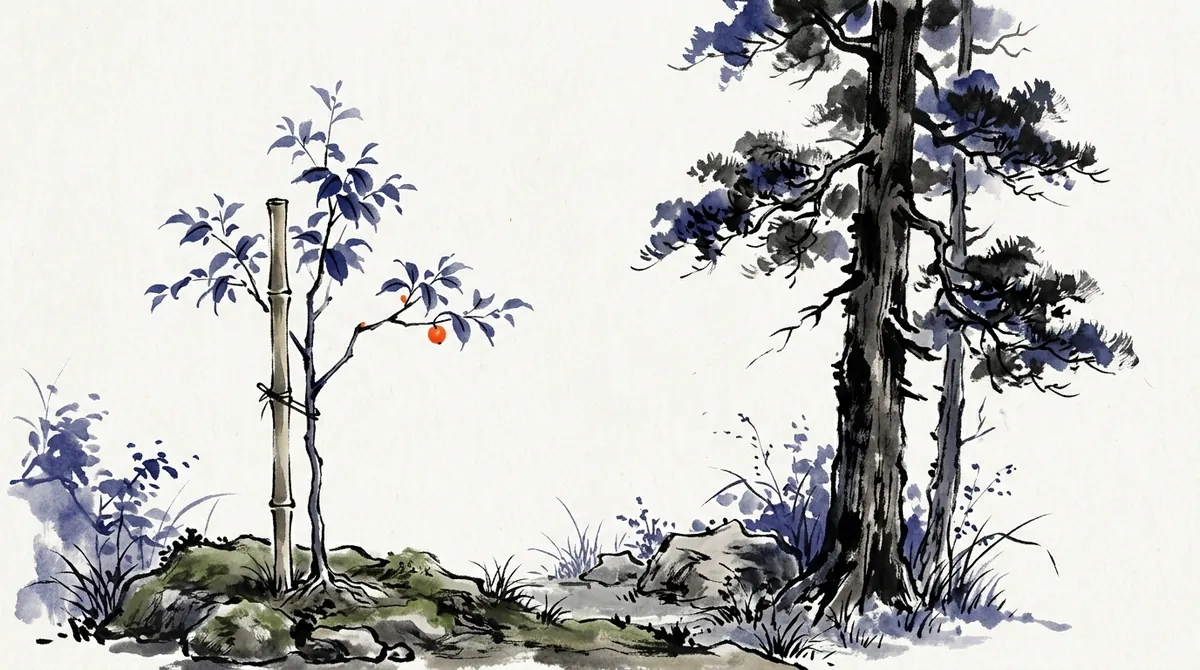Ink-wash painting of a young tree supported by a bamboo stake beside a tall older tree