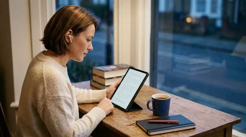 A learner wearing earbuds reads a long article on a tablet at a wooden desk by a window, with a mug of tea, a notebook and a pen beside her