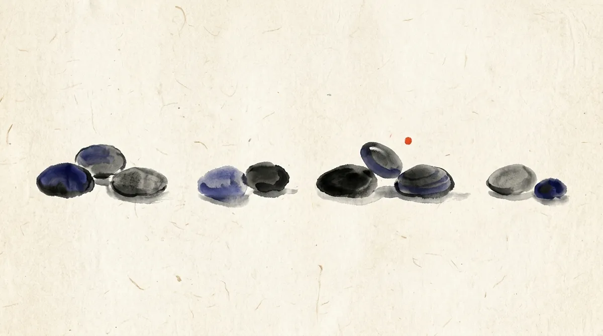 Ink-wash painting of river pebbles laid in a line in small groups with uneven gaps, one pebble tilted out of place