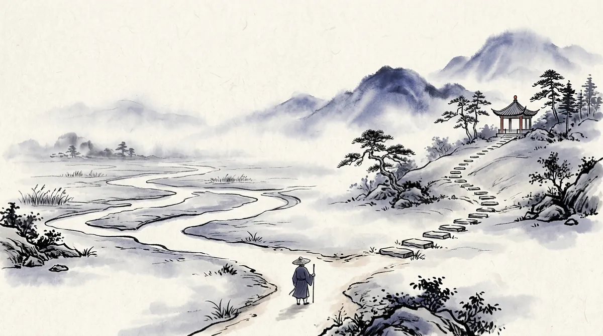 Ink-wash painting of a traveller at a fork, with a wide river spreading across a plain on one side and stepping stones climbing to a pavilion on the other