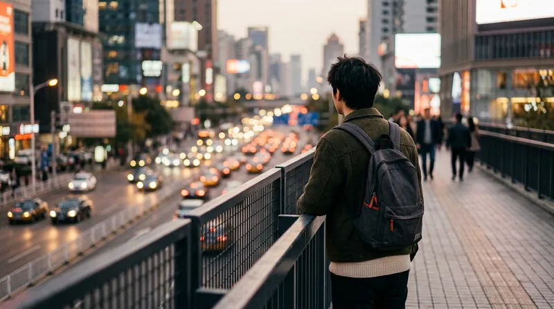 A young man with a backpack on a footbridge above a busy Chinese city street at dusk
