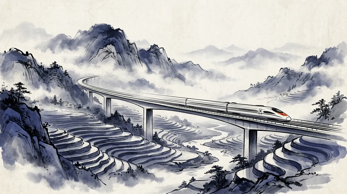 Ink-wash painting of a high-speed train crossing a bridge through misty mountains and terraced fields