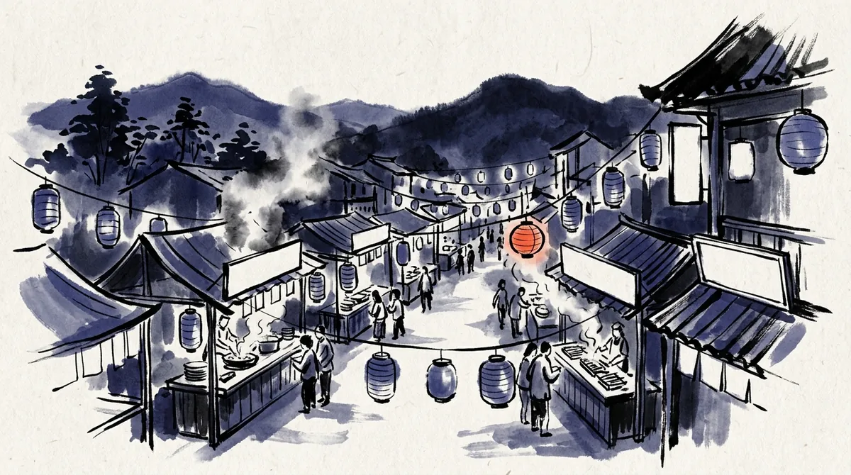 Ink-wash painting of a lantern-lit night market street with food stalls