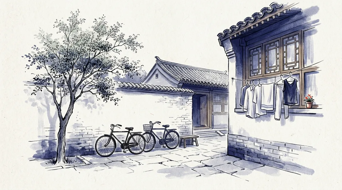 Ink-wash illustration of a residential courtyard with a tree, bicycles and laundry at a window