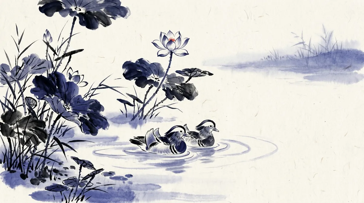 Ink-wash painting of a pair of mandarin ducks swimming side by side on a lotus pond