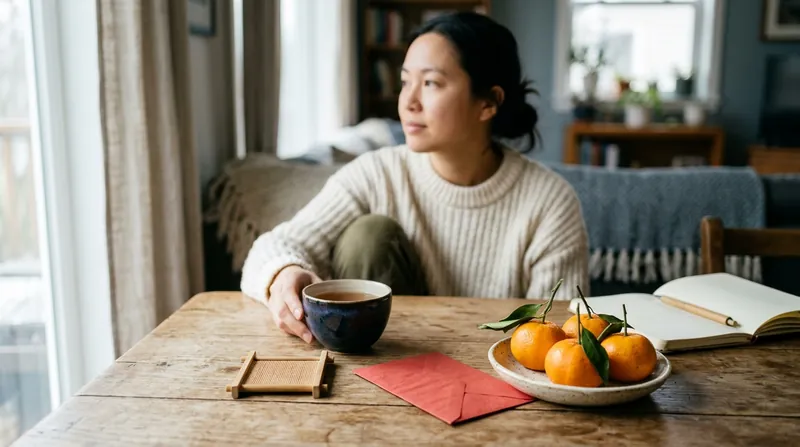 A plain red envelope, a bowl of mandarin oranges with their leaves and a cup of tea on a wooden table, with a woman sitting behind them looking out of the window