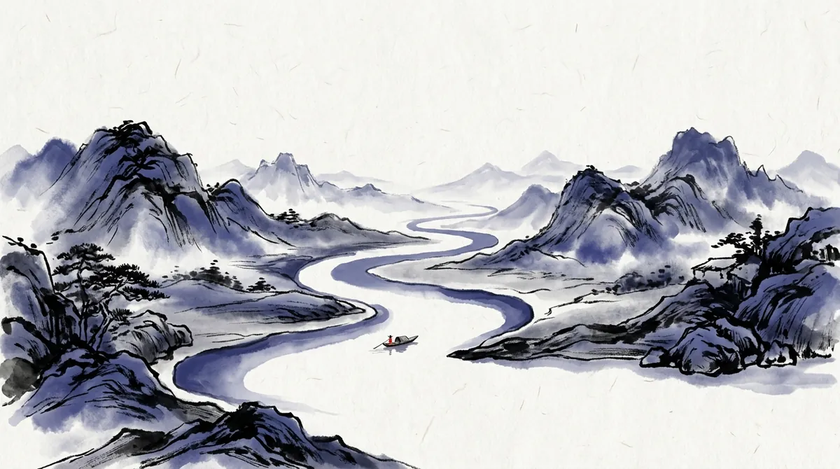 Ink-wash painting of a river winding smoothly between mountains into the distance, with one small boat on the water