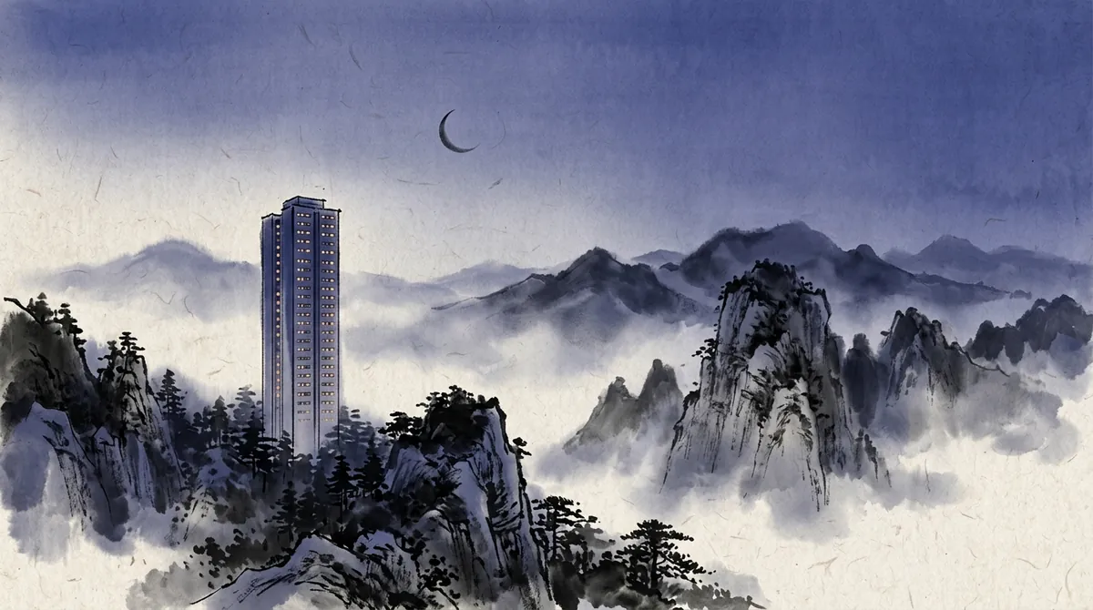 Ink-wash painting of a tall apartment tower with lit windows rising among misty mountains under a crescent moon
