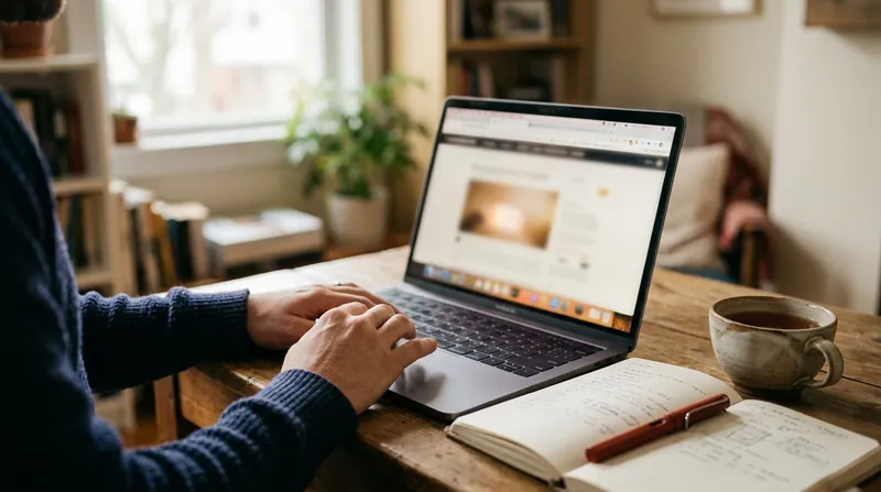 A learner typing on a laptop with a website open, beside a notebook and a cup of tea