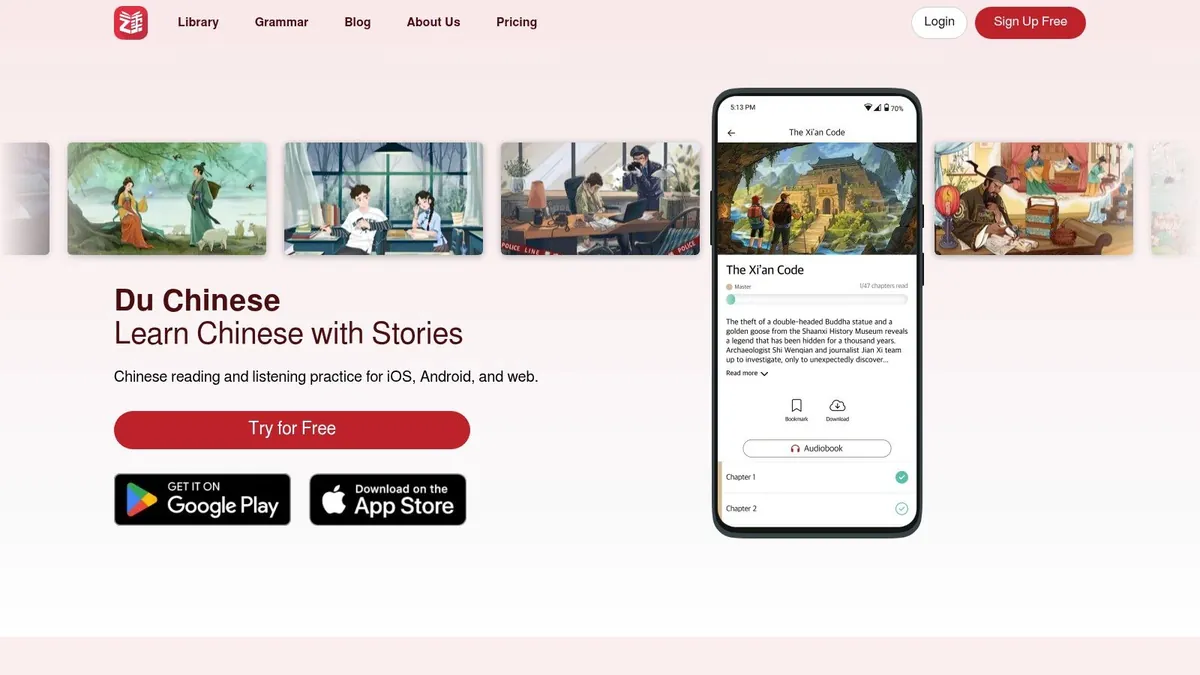 Du Chinese homepage: learn Chinese with stories, with a graded story on a phone