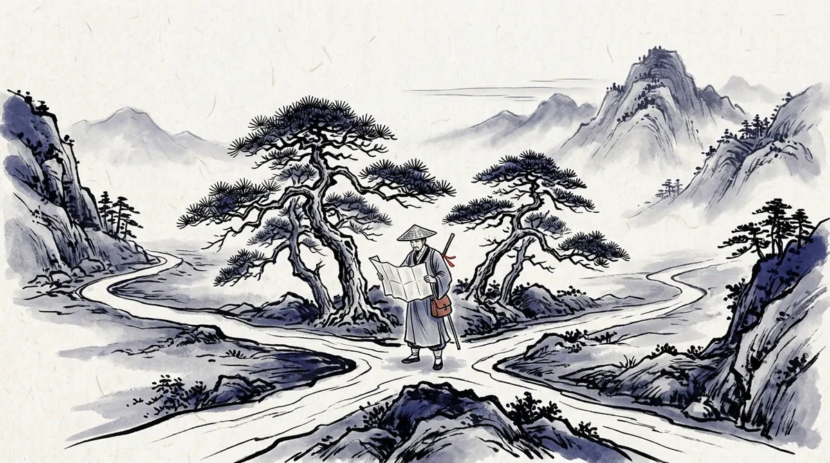 Ink-wash painting of a traveller studying a map where several mountain paths meet