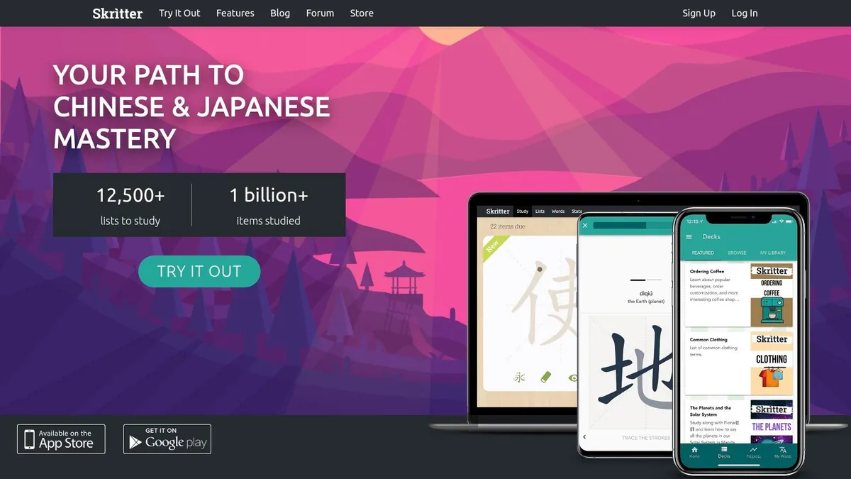 Skritter homepage: your path to Chinese and Japanese mastery, with the app on a laptop and phones