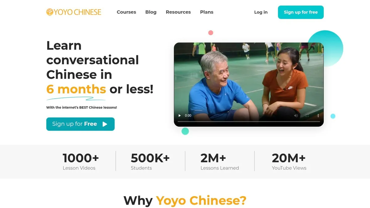 Yoyo Chinese homepage: learn conversational Chinese, with a video lesson preview