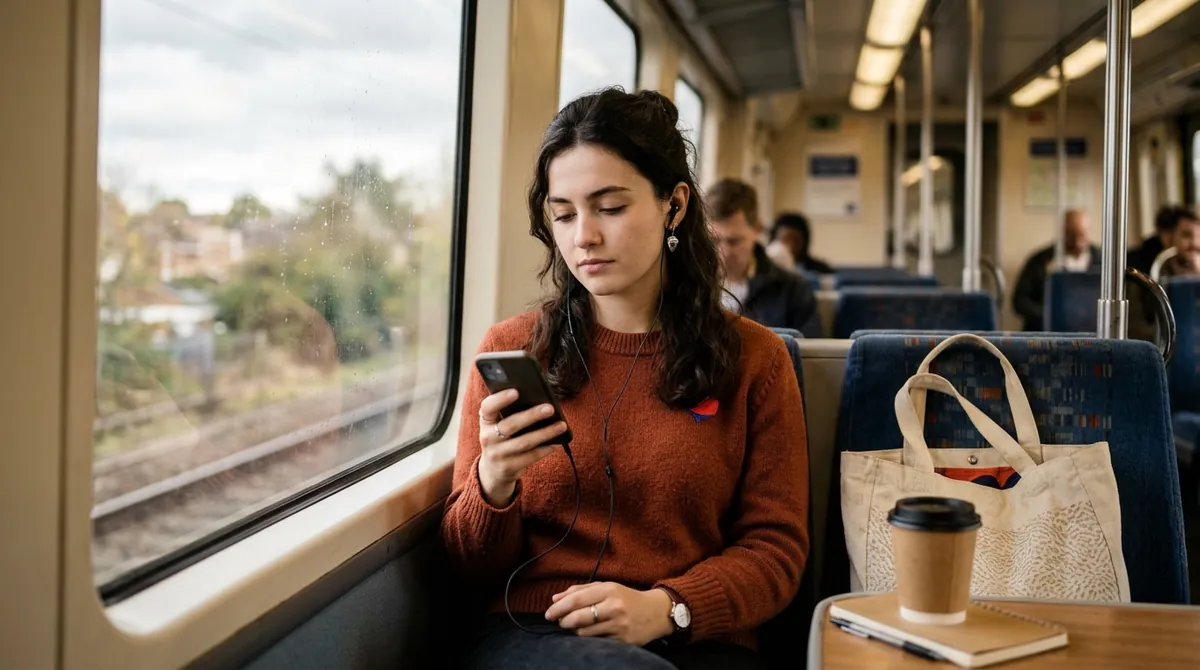 A learner on a commuter train with earbuds in, studying a lesson on her phone, a coffee and a tote bag beside her
