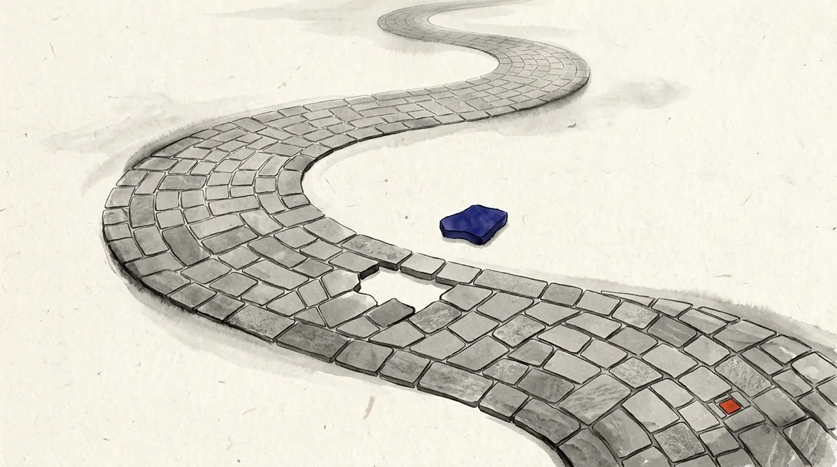 Ink-wash painting of a winding stone path with one gap, and a single indigo stone lying beside it ready to fill it