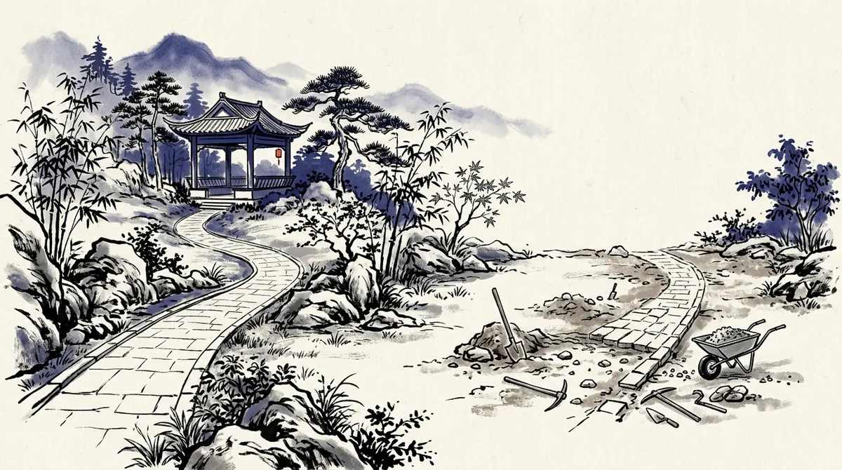 Ink-wash painting of a finished garden path beside one still being built with tools