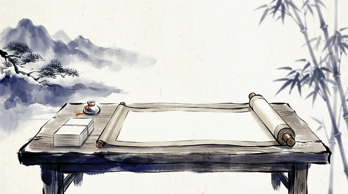 Ink-wash illustration of an open blank scroll beside a small stack of cards