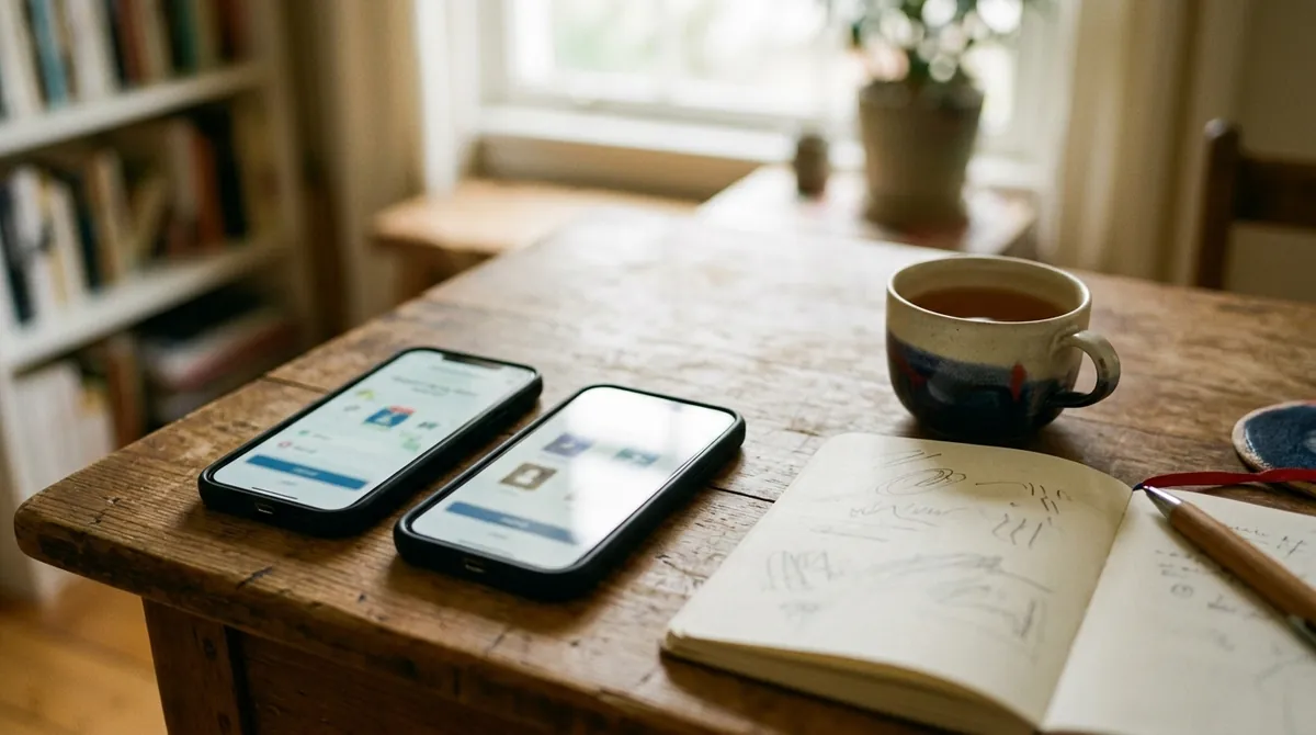 Two phones side by side on a desk, each showing a different language quiz app
