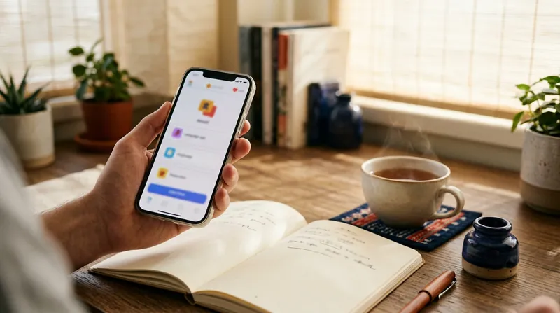 A hand holding a phone showing a language-learning lesson above a desk with a notebook and tea